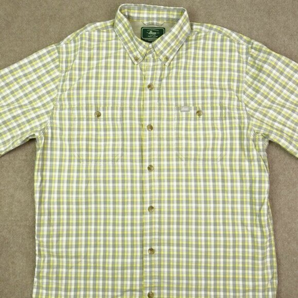 G H Bass Men's Medium Grey Yellow Plaid Short-Sleeve Button-Up Shirt Vented - Picture 2 of 6
